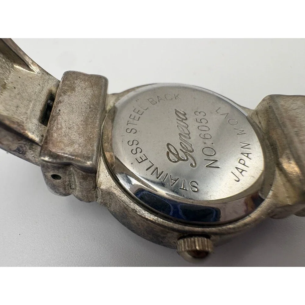 Geneva Cuff Bangle Watch No 6053 Silver Tone Greek Key Japan Movt